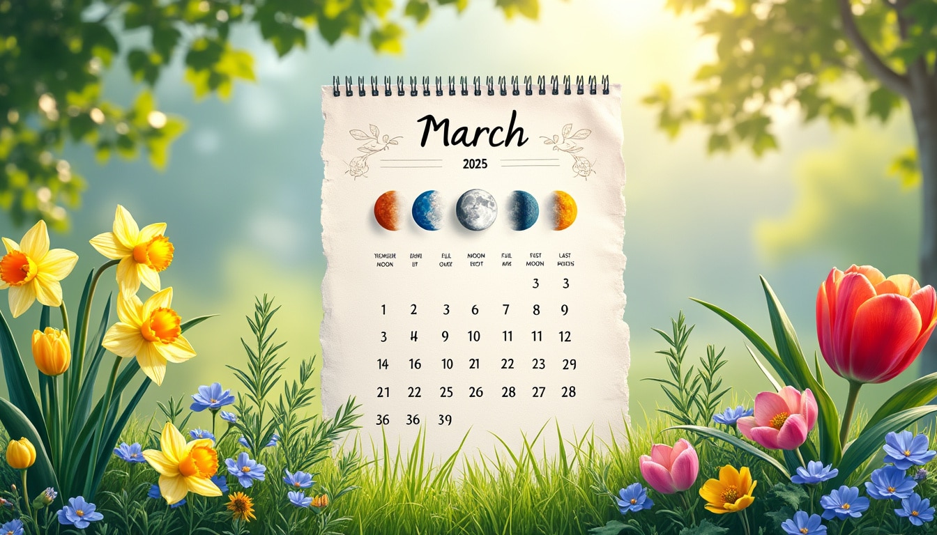 découvrez le calendrier lunaire de mars 2025 pour optimiser vos plantations. profitez des phases de la lune pour réussir vos cultures au jardin et obtenir des récoltes abondantes. planifiez vos semis et entretiens en fonction des meilleurs moments lunaires.