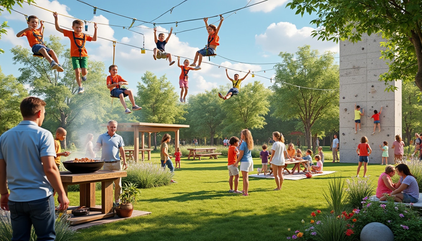 découvrez l'inauguration des nouveaux équipements de loisirs au jardin de tournay à la vraie-croix ! profitez de moments inoubliables avec une tyrolienne, des espaces barbecue conviviaux et des défis d'escalade. rejoignez-nous pour célébrer ces nouvelles installations qui promettent des aventures en plein air pour toute la famille.