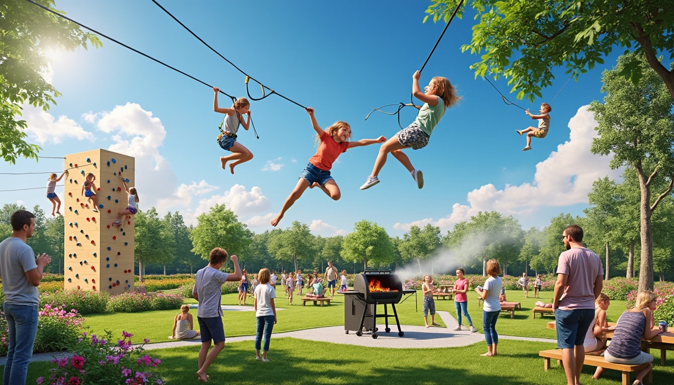 découvrez l'inauguration des nouveaux équipements de loisirs au jardin de tournay à la vraie-croix ! profitez de la tyrolienne, des barbecues et d'un parcours d'escalade pour une journée d'aventures en plein air. rejoignez-nous pour célébrer ces nouvelles installations et passer un moment convivial en famille ou entre amis.