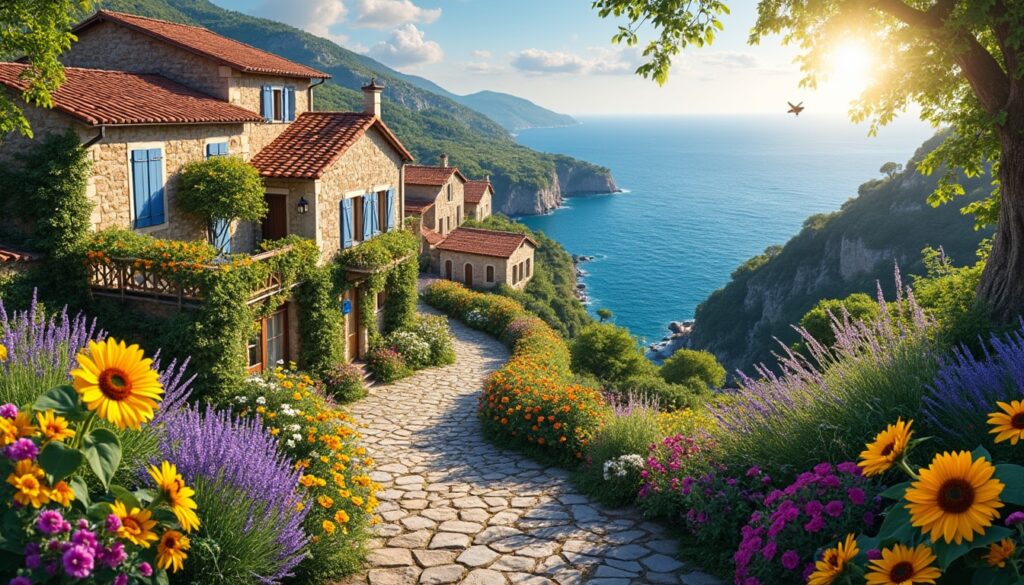 découvrez un charmant village français où un jardin enchanteur vous attend, offrant des vues imprenables sur la méditerranée. évadez-vous dans un cadre idyllique alliant beauté naturelle et sérénité.