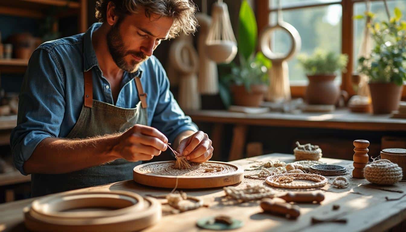 Illustration: Plongée dans l’univers du cadre macramé en cercle de bois poli : histoire, définition et atouts