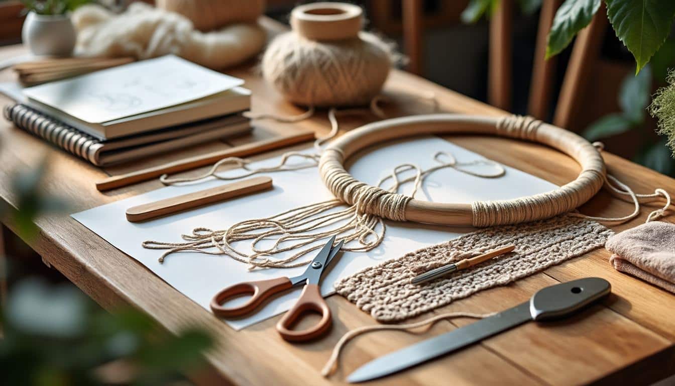 Illustration: Matériaux et outils essentiels pour réussir un cadre macramé sur cercle en bois poli