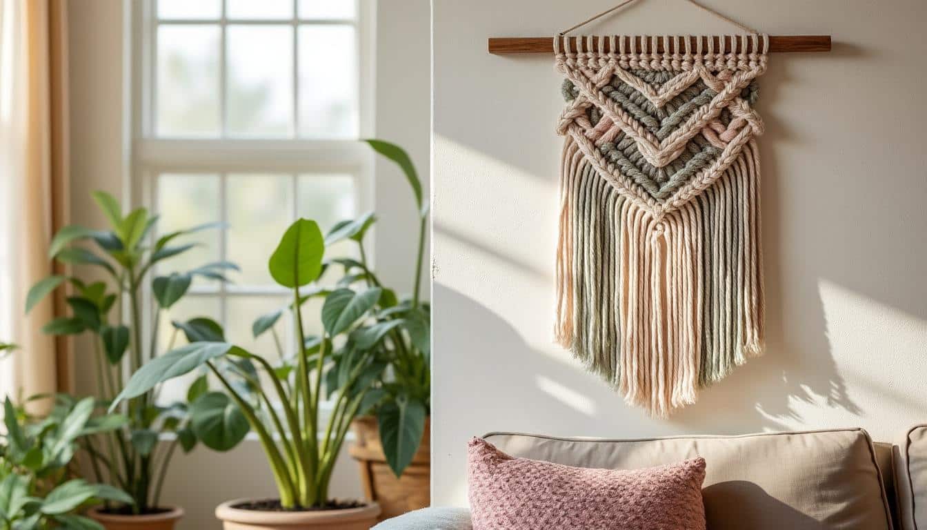 Cadre macramé couleur pastel résistant : déco douce et durable