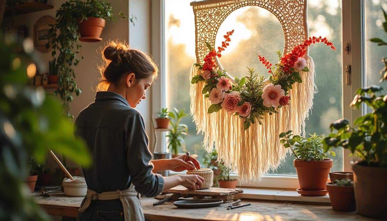 Illustration: Comprendre l’univers du cadre en macramé à motif floral tressé